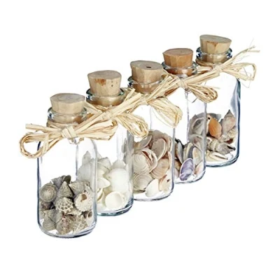 Afbeelding van Relaxdays Set van 5 decoratieve schelpflessen, maritieme badkamerdecoratie, zeeschelpen, mini glazen flessen, naturel