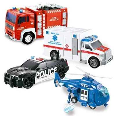 Afbeelding van JOYIN Set van 4 City Hero speelsets, aangedreven door wrijving, bestaande uit brandweerwagen, ambulance, politieauto en noodhelikopter