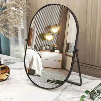 Afbeelding van 90 ovale enkelzijdige bureauspiegel met zwart metalen frame, draagbare high definition draaibare aanrechtspiegel voor kaptafel, woonkamer, slaapkamer, groot formaat