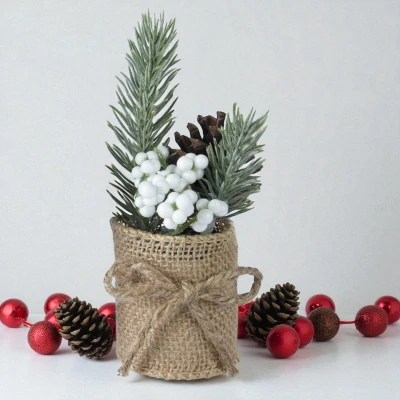Afbeelding van Micro Kerststuk met Witte Besjes Kerstdecoratie ø5x15 cm