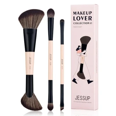 Afbeelding van Jessup make upkwastenset voor op reis, 6 in 3 upkwastenset, twee uiteinden, contour en dubbelzijdige oogschaduwkwast, eyeliner, kwastenset
