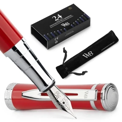 Afbeelding van Wordsworth &amp; Black Vulpenset, medium punt, inclusief 24 inktpatronen, inktvulconverter en geschenkzakje, chromen afwerking, kalligrafie, [karmozijnrood]