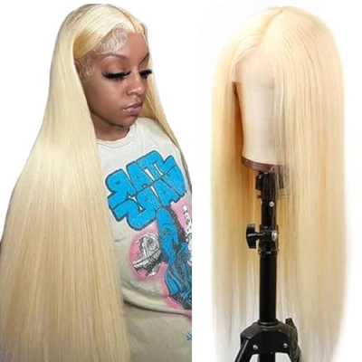 Image de Tuheerst Straight Human Hair Wig Blonde #613 4X4 Lace Remy Glueless Wear and Go with Baby 100% Unprocessed Brazilian Virgin No Smell Tangle for Woman 30 Inch