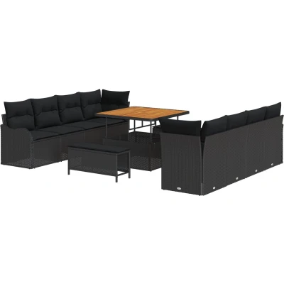 Afbeelding van vidaXL 11 delige tuinbankset met kussens zwart poly rattan acacia, 2 zits tuinbank rattan, 3 tuin eetset acacia