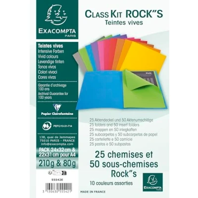 Afbeelding van Exacompta Ref. 55542E mapset voor het organiseren van Class&#039;Kit 25 hoesjes Rock&#039;S 210 g/m² afmetingen 24 x 32 cm + 50 onderverdelers 80 22 31 PEFC gecertificeerd 10 verschillende kleuren