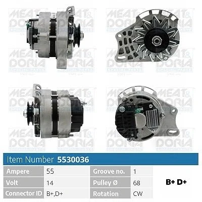Afbeelding van MEAT &amp; DORIA 5530036 Dynamo / Alternator 14V 55A FIAT: Panda I Hatchback, Seicento 600 Cinquecento
