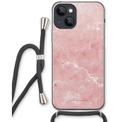 Afbeelding van Case Company® hoesje met Koord geschikt voor iPhone 13 Roze marmer Telefoonhoesje Zwart Extra Bescherming aan alle Kanten en Over de Schermrand