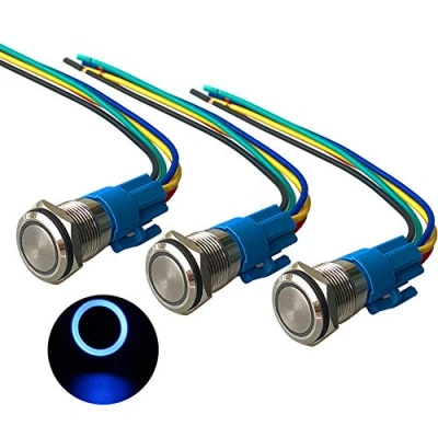 Afbeelding van QitinDasen 3 stuks premium 12 V/24 V 5 A momentdrukknopschakelaar, drukknop schakelaar 16 mm, blauwe led schakelaar, waterdicht, IP67, met stekkerkabel