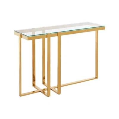 Afbeelding van Pascal Morabito Consoletafel van gehard glas en verchroomd roestvrij staal Transparant goudkleurig VELETIA L 120 cm x H 78 D 40