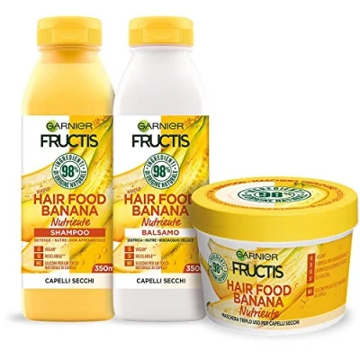 Afbeelding van Garnier Fructis Hair Food Banana Nutritive Set met shampoo, conditioner en masker voor droog haar, tot 98% ingrediënten van natuurlijke oorsprong, siliconenvrij