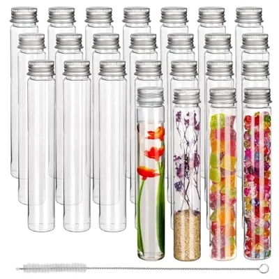 Afbeelding van Kurtzy Helder Plastic Reageerbuisjes met Schroefdoppen &amp; Schoonmaak Borstel (25Pak) 110ml Herbruikbaar Transparante Container Buisjes Voor Snoep Opslag, Feest, Vloeistof, Badzout, Kralen Bloemen