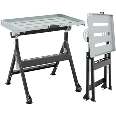 Afbeelding van FANTASK Mobiele werkbank, inklapbare lastafel, belastbaar tot 180 kg, werkbank met wielen en gereedschapsplanken, werktafel 4 instelbare hoogtes hoeken