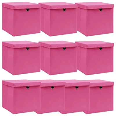 Afbeelding van Opbergboxen met deksel 10 st 32x32x32 cm stof roze