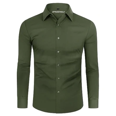 Afbeelding van DEMEANOR Stretch overhemd met lange mouwen voor heren, slim fit, businesshemd kreukvrij, Olijfgroen