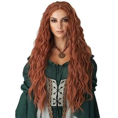 Afbeelding van PORSMEER Auburn Lange Krullend Oranje Rood Pruik Voor Vrouwen Natuurlijke Midden Lang Rode Gember Cosplay Halloween 61 cm