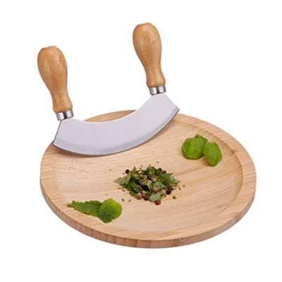 Afbeelding van Relaxdays wiegemes met plank kruidensnijder kruidensnijplank bamboe kruidenmes