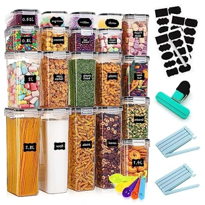 Afbeelding van Voorraaddozen, luchtdicht, set van 20, vershouddozen met deksel, opbergdoos keuken deksel plastic, Voorraaddozen voor spaghetti, meel, cornflakes