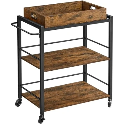 Afbeelding van VASAGLE Servierwagen mit abnehmbarem Tablett, feststellbarer Küchenwagen Universalrollen, Küchenregal, 65 x 40 86 cm, stabiles Metallgestell, Industrie Design, vintagebraun schwarz LRC72X