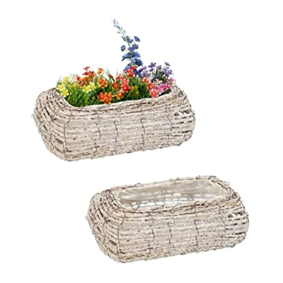 Afbeelding van Relaxdays plantenbak 2 stuks rotan balkonbak met folie 1,5 L rechthoekig wit