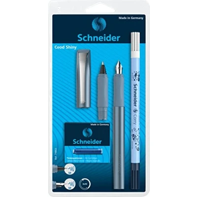 Image de Schneider 74863 Ceod Shiny Kit d&#039;écriture avec stylo plume, roller, effaceur d&#039;encre, pour droitiers et gauchers, plume M, cartouche d’encre bleu roi, couleur pacifique