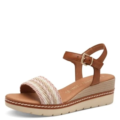 Afbeelding van Marco Tozzi Sandalen met sleehak, Dames, Maat: 41, Nude Leer en textiel