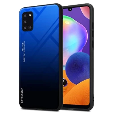 Afbeelding van Cadorabo Hoesje geschikt voor Samsung Galaxy A31 in BLAUW ZWART Tweekleurige beschermhoes van TPU silicone Case Cover en achterzijde gehard glas