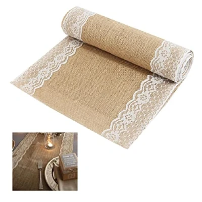 Afbeelding van BIT.FLY 30 x 275 cm tafelloper jute en kant voor bruiloft, festival, party, decoratie