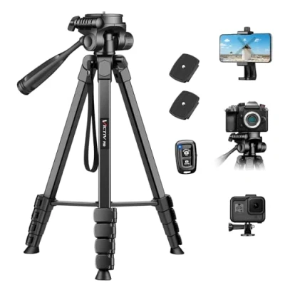 Afbeelding van Victiv camerastatief, 172 cm, camerastatief van aluminium, draagbaar, smartphone statief voor iPhone, Samsung, fotostatief met afneembare 3 weg kop, Canon, Nikon, Sony, DSLR