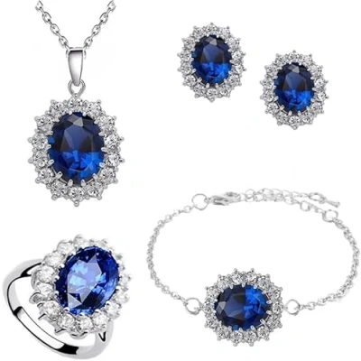 Afbeelding van TOFBS Sieradenset voor dames en meisjes, zirkonia, hanger, halsketting, oorbellen, armband ring, prinses, Diana, sieradenset, Metaal, Zirkonia