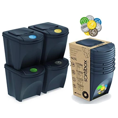 Afbeelding van Prosperplast Sortibox 4 delige set 100L recyclingemmer van kunststof in antraciet, 4x25L