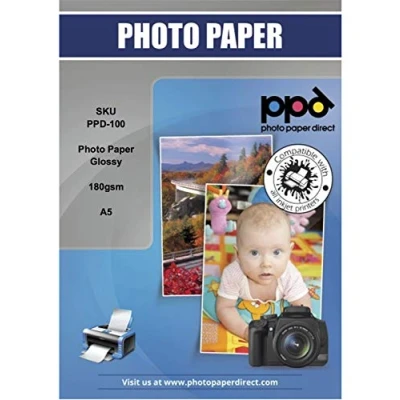 Afbeelding van PPD 50 vellen x A5 fotopapier, glanzend, 180 g, inkjetdruk, hoogglans, direct drogen, eenvoudige toevoer 100