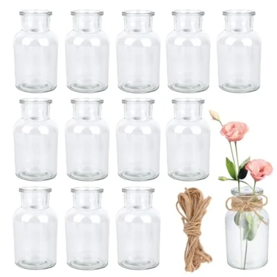 Afbeelding van VMUTGA 12 stuks mini glazen vazen van 125 ml met 8 m jute touw, transparante vaas voor tafeldecoratie, bruiloftsdecoratie, verjaardagsdecoratie, tuinfeest