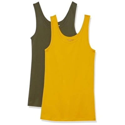 Image de Amazon Essentials Débardeur en coupe cintrée Women&#039;s, Pack of 2, Or/Vert Olive Foncé, XL