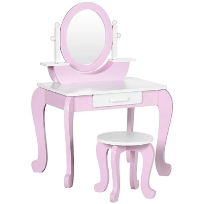 Afbeelding van ZONEKIZ make uptafel voor kinderen, met kruk, spiegel en lade, 65,5 x 46 93 cm, tweekleurig, roze wit