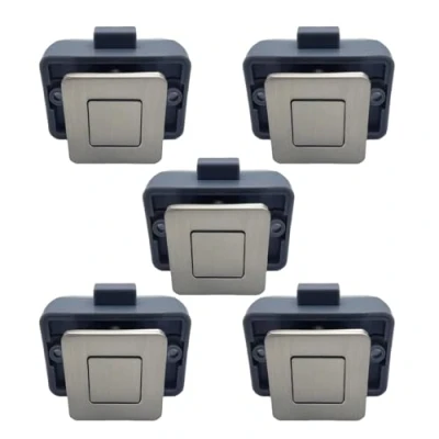 Afbeelding van MTSmart Set van 5 vierkante metalen ritssloten met drukknop Voor campers, caravans, boten, jachten, marine, campers Zonder sleutel Nikkel