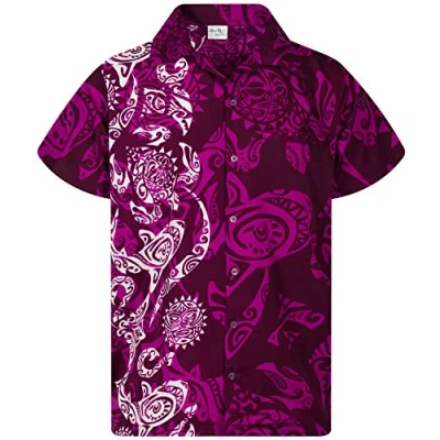 Afbeelding van King Kameha Funky Hawaiiaans overhemd heren korte mouwen voorvak Hawaii print maori Tattoo bruiloft, bruiloft violet