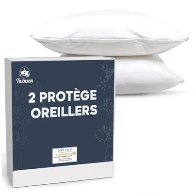 Image de Twinzen Protege Oreiller 60x60 Lot de 2 Housse Impermeable avec Fermeture Zip Certifié Oeko Tex Technologie Protège cm Blanc