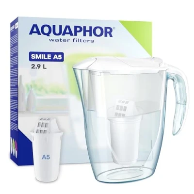 Afbeelding van AQUAPHOR Smile filterkaraf, ruimtebesparend, licht, voor koelkastdeur met een inhoud van 2,9 l, inclusief 1 x A5 filter 350 liter, vermindert kalk chloor en microplastic, wit.
