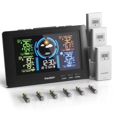 Afbeelding van Raddy WF 80C Draadloos weerstation met 3 buitensensoren, 7,5 inch digitaal kleurendisplay, hygrometer, barometer, DCF radioklok, weersvoorspelling, instelbare achtergrondverlichting