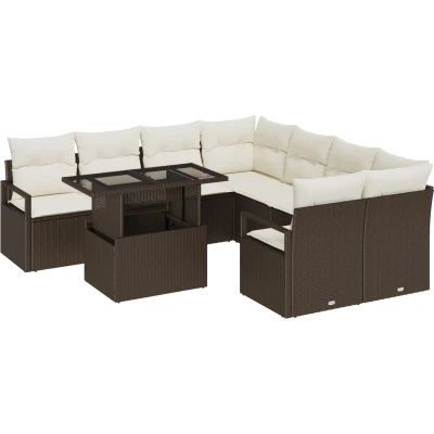 Afbeelding van vidaXL 9 delig Ligzetel Set met Kussens Bruin Poly Riet