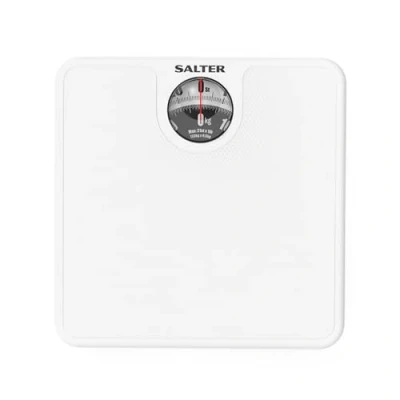 Afbeelding van Salter Mechanical Bathroom Scale analoge weegschaal voor lichaam, Classic Fitness Scale, capaciteit van 133 kg, gemakkelijk leesbare display met vergrootlens, antislipmat, geen batterijen vereist, wit