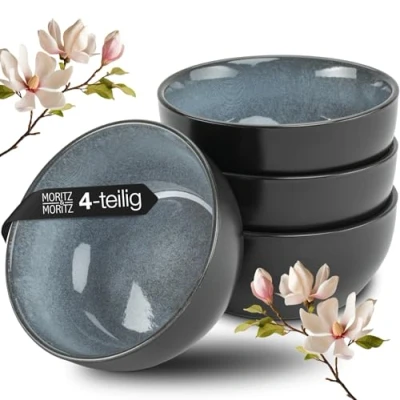 Afbeelding van Moritz &amp; Miso kommen, 4 delige set, diameter 12 cm, Japanse keramische sandelhoutserviesset voor misosoep, sauzen en snacks, met serveerschaal