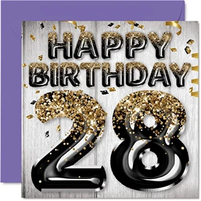 Image de stuff4 Carte d&#039;anniversaire 28 ans pour homme Ballons noirs et dorés Cartes de ans, fils, frère, oncle, cousin, 145 mm x