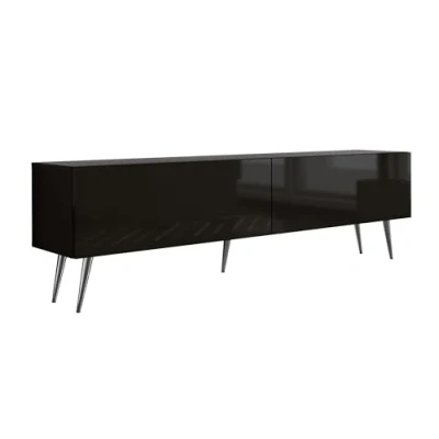 Afbeelding van Meuble TV : deux portes, étagères, Couleur noir mat/noir brillant, pieds chromés, D L 170 cm, H 52 P 32 cm