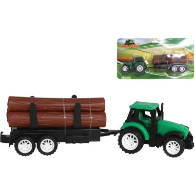 Afbeelding van Gerimport Tractor met aanhanger en 3 boomstammen