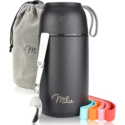 Afbeelding van Logeeyar Thermo voedselcontainer, geïsoleerd, 450 ml 650 800 warme maaltijd, van roestvrij staal, dubbellaags, voor school, kantoor met een opvouwbare lepel (800 ml/zwart)