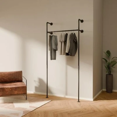 Afbeelding van pamo Kledingstang industrieel loft design kapstok voor inloopbare kledingkast, muur, slaapkamer, kledingstandaard van zwarte stabiele buizen wandmontage (zwart, 3 vaks)
