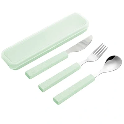 Afbeelding van VANRA Kinderbestekset van 3 roestvrij staal 18/10, bestek, messen, lepels, vorken met reisetui voor lunchbox kinderen (groen)