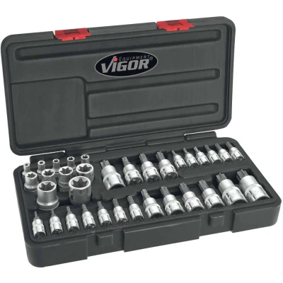 Afbeelding van VIGOR V1781 Doppenset 34 met boring 1/2, 1/4, 3/8 Adapter Volvo recht voor V4385 Vierkant