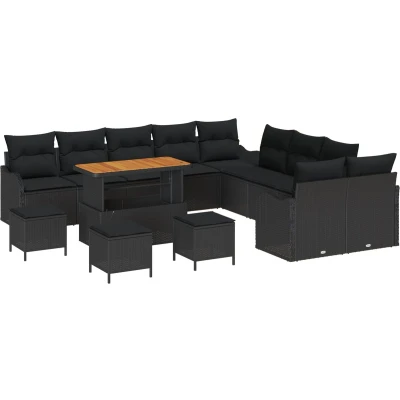 Afbeelding van vidaXL 14 Delige Tuinbankset met Kussens Zwart Poly Rattan Acacia
